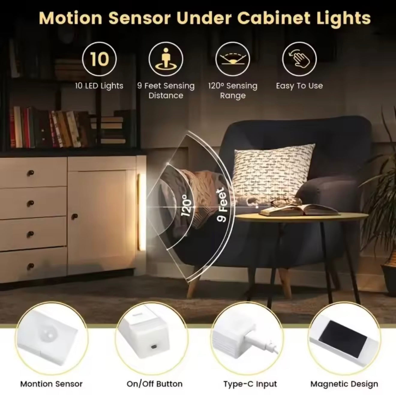 LED Motion Sensor Light – USB Rechargeable Wireless Night Lamp for Closet, Kitchen & Stairs