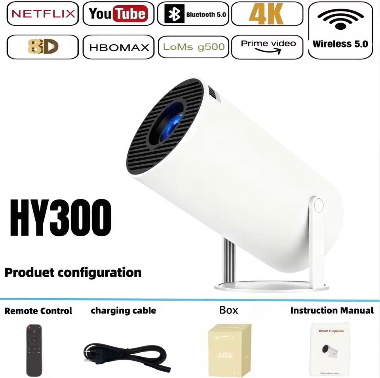 HY300 Smart Mini Projector – Android 11 WiFi6 Portable 4K Home Cinema