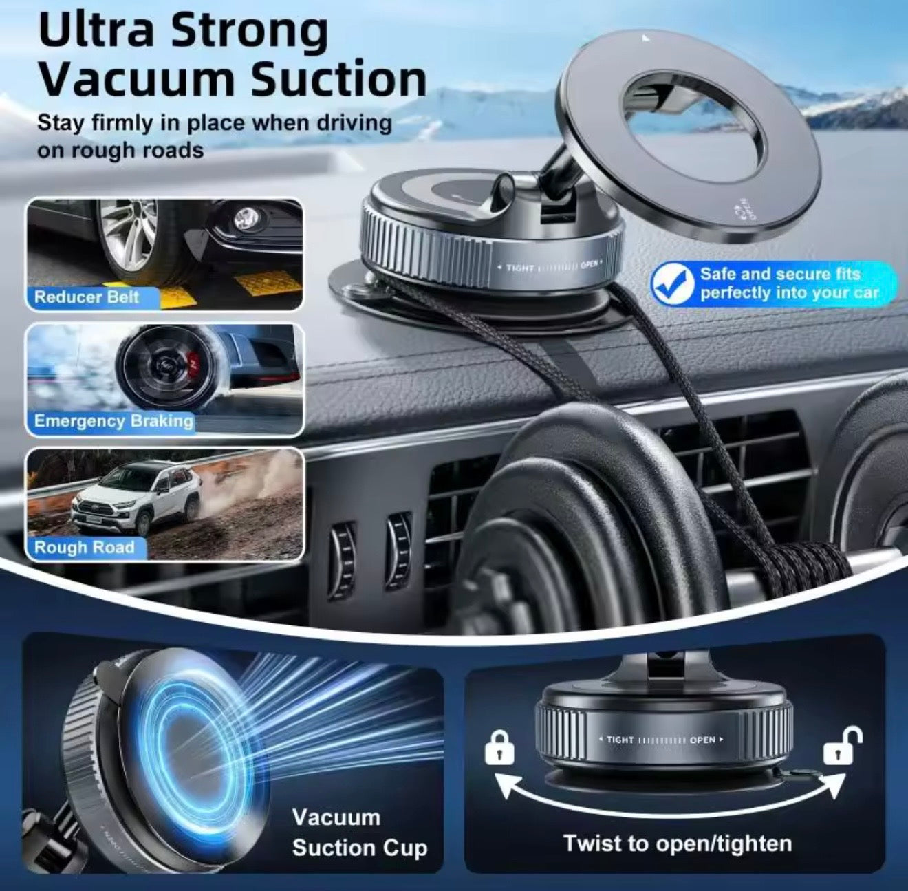Magnetic Vacuum Car Phone Holder 360° Adjustable Strong Suction Mount