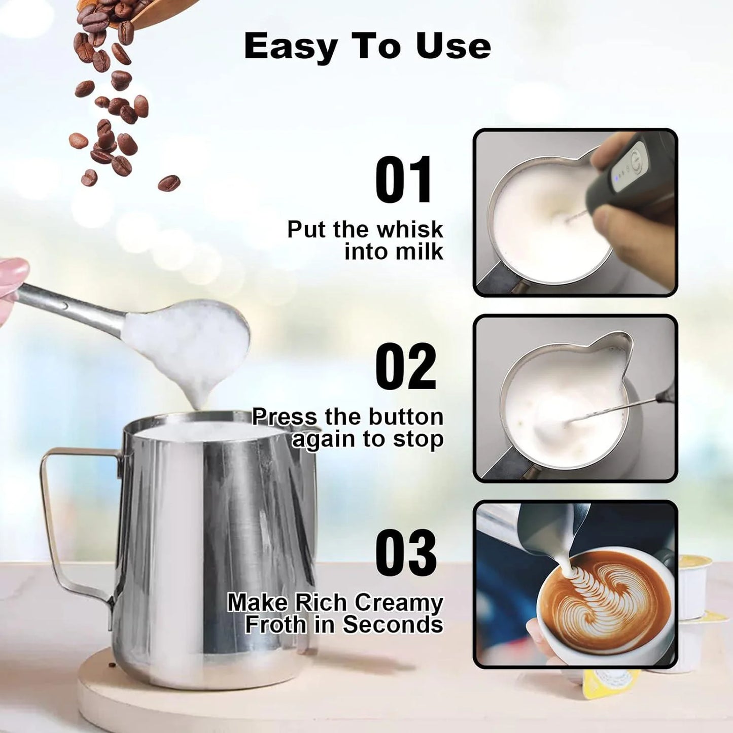 USB Rechargeable Milk Frother – Electric Coffee Foam Maker | 3-Speed Handheld Whisk